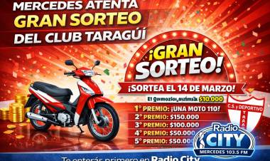 Mercedes participa: Taragüí pone en juego una moto 110 este 14 de marzo